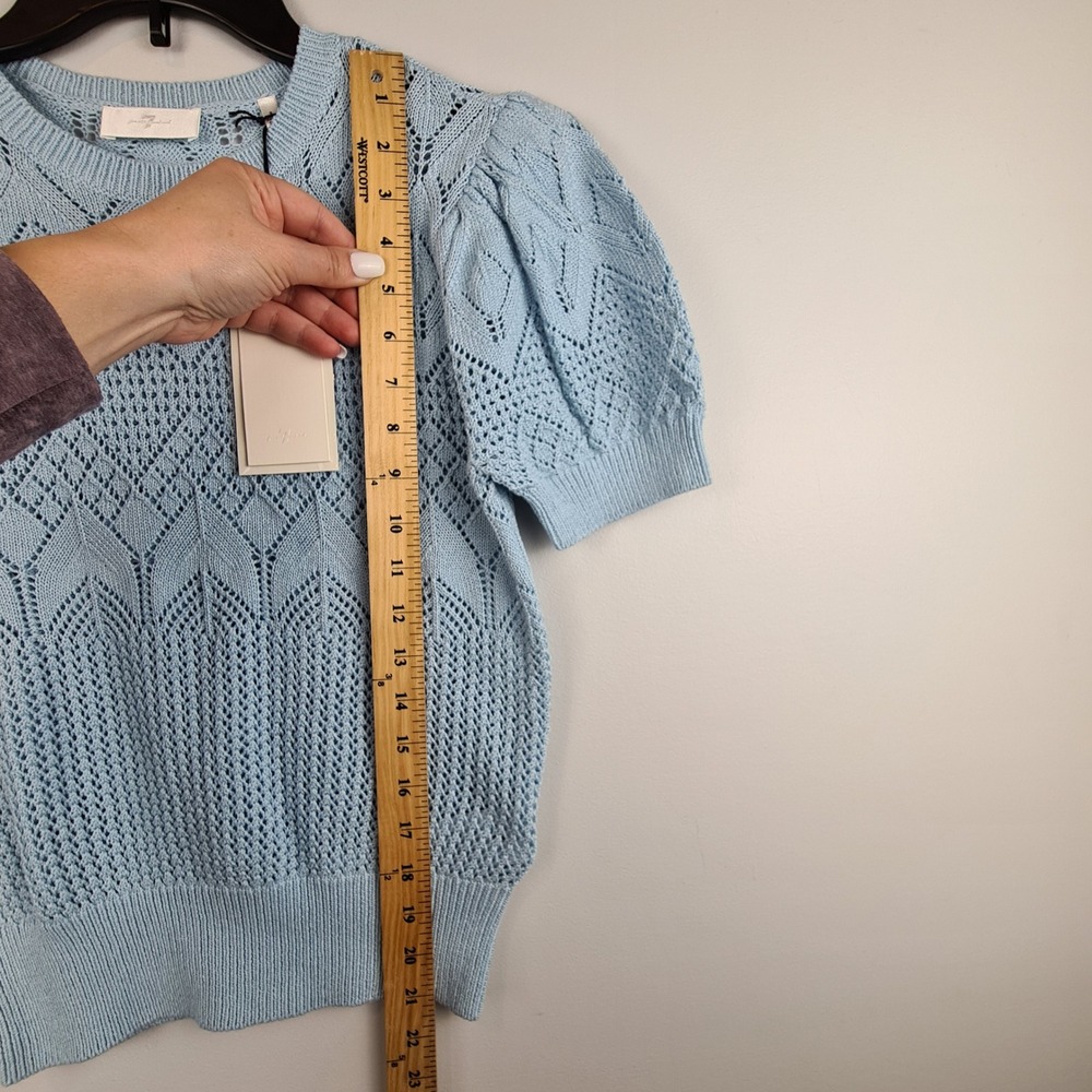 7 For All Mankind Womens Light Blue Pointelle Knit Puff Sleeve Sweater‎ Small - Picture 4 of 8